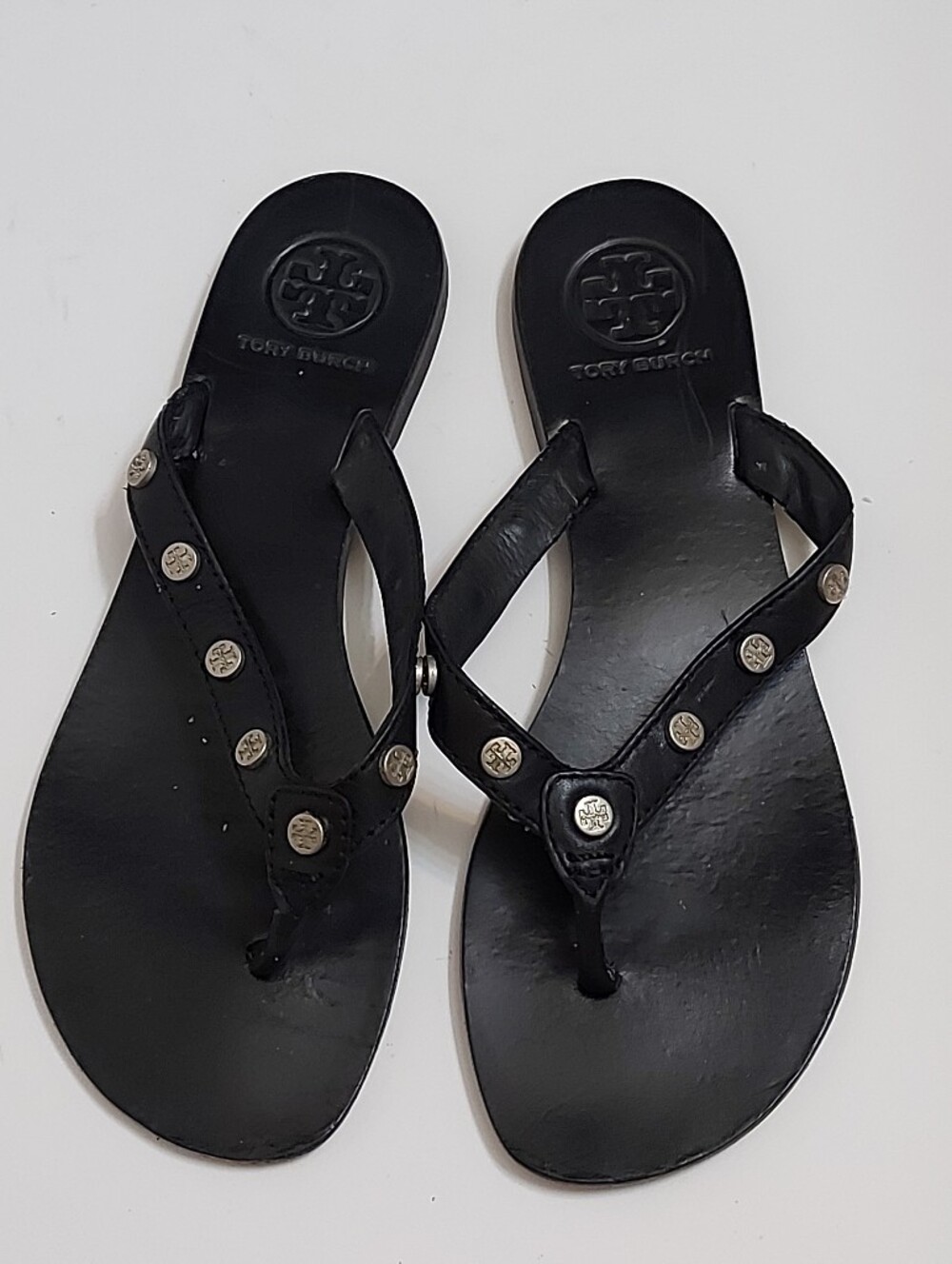 Tory Burch Black Leather Stud-Accent Thong Sandals